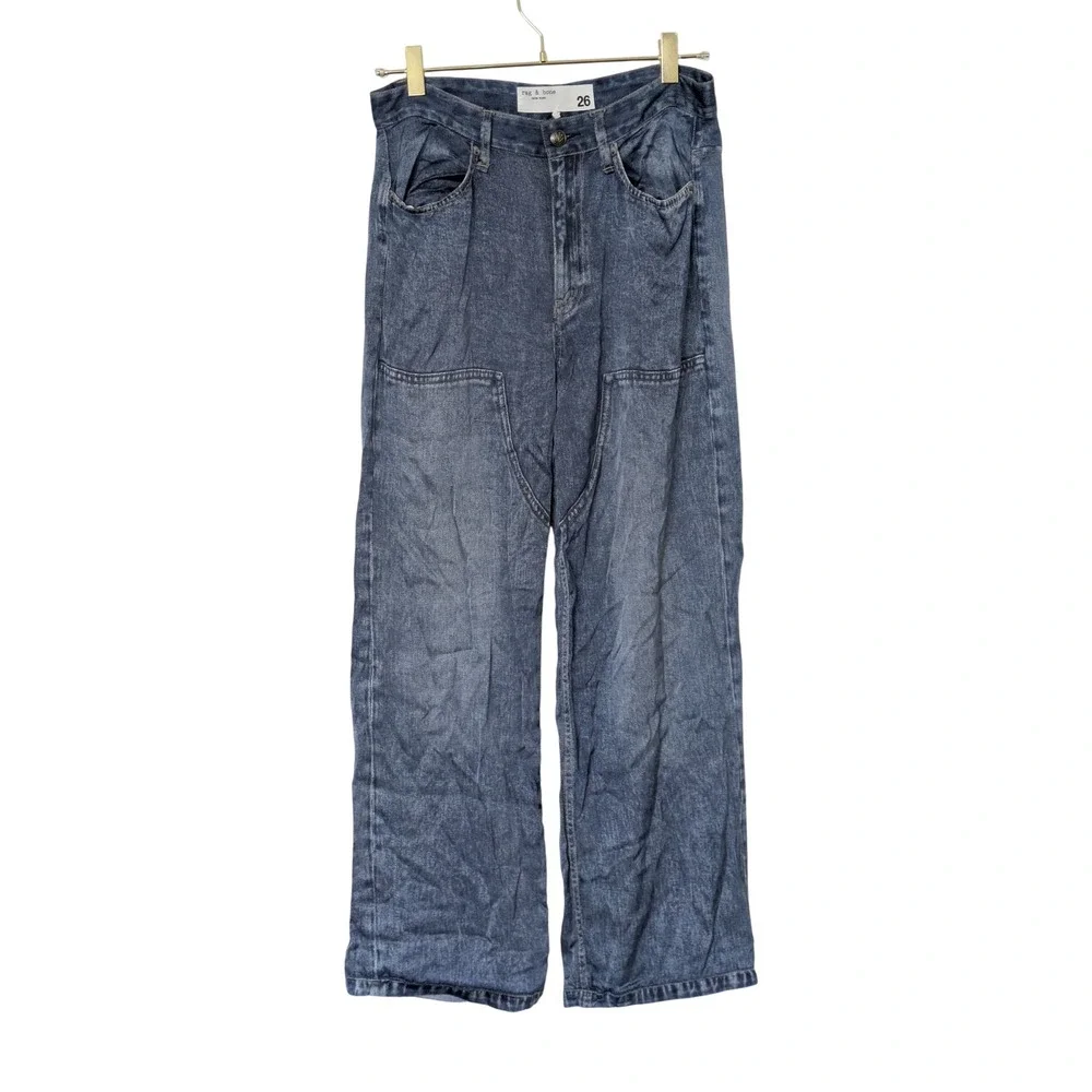 Rag & Bone Miramar Satin Logan Carpenter Pants Women's 26 Blue Avalon Hemmed - Picture 3 of 11